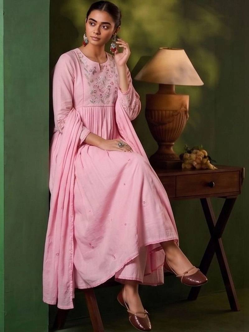 Women Floral Embroidered Empire Thread Work Kurta with Palazzos & With Dupatta