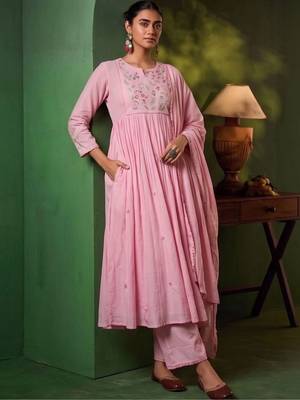 Women Floral Embroidered Empire Thread Work Kurta with Palazzos & With Dupatta 6