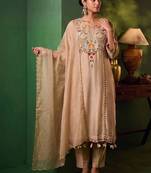 Women Ethnic Motifs Embroidered Regular Thread Work Chanderi Cotton Kurta with Trousers & With
