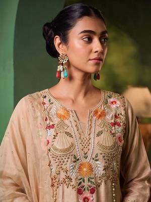 Women Ethnic Motifs Embroidered Regular Thread Work Chanderi Cotton Kurta with Trousers & With 6