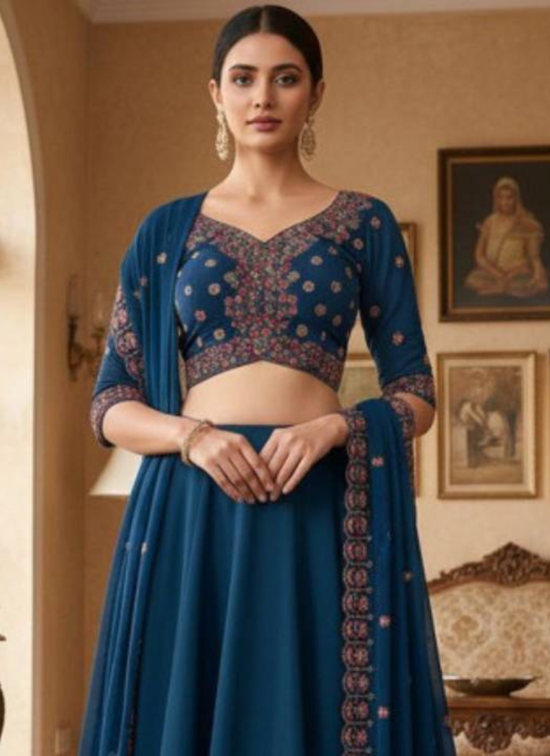 Women's  Black Silk Zari  Embroidery Work Lehenga Choli