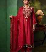 Women Ethnic Motifs Embroidered Regular Thread Work Chanderi Cotton Kurta with Trousers & With