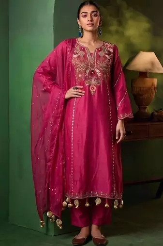 Women Ethnic Motifs Embroidered Regular Thread Work Chanderi Cotton Kurta with Trousers & With