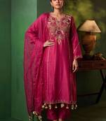 Women Ethnic Motifs Embroidered Regular Thread Work Chanderi Cotton Kurta with Trousers & With