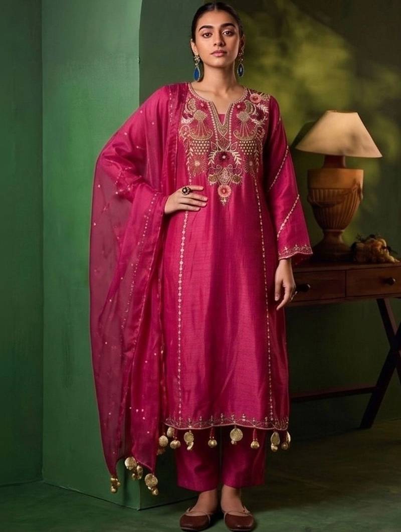 Women Ethnic Motifs Embroidered Regular Thread Work Chanderi Cotton Kurta with Trousers & With