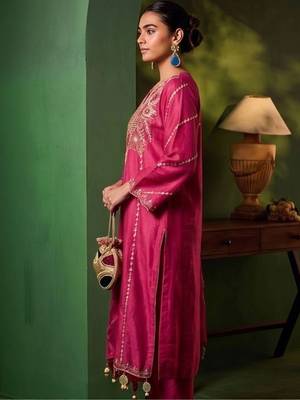 Women Ethnic Motifs Embroidered Regular Thread Work Chanderi Cotton Kurta with Trousers & With 2