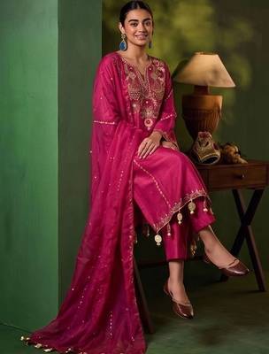 Women Ethnic Motifs Embroidered Regular Thread Work Chanderi Cotton Kurta with Trousers & With 4
