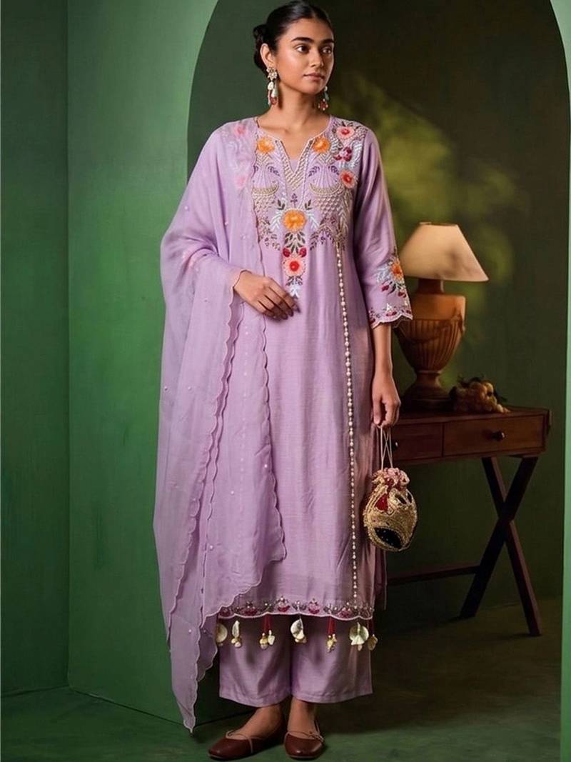 Women Floral Embroidered Regular Thread Work Chanderi Cotton Kurta with Palazzos & With Dupatta