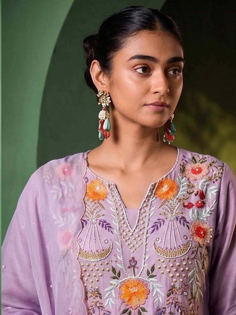 Women Floral Embroidered Regular Thread Work Chanderi Cotton Kurta with Palazzos & With Dupatta