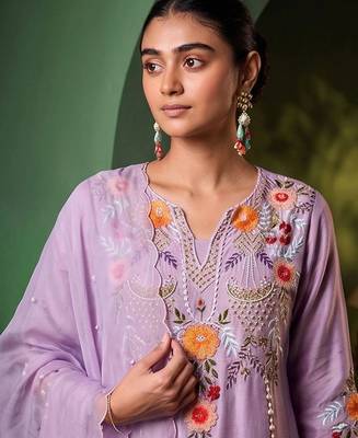 Women Floral Embroidered Regular Thread Work Chanderi Cotton Kurta with Palazzos & With Dupatta 5
