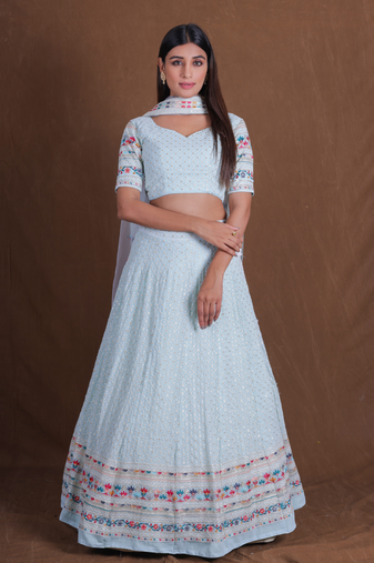 Women's  Sky Blue Silk Zari  Embroidery Work Lehenga Choli