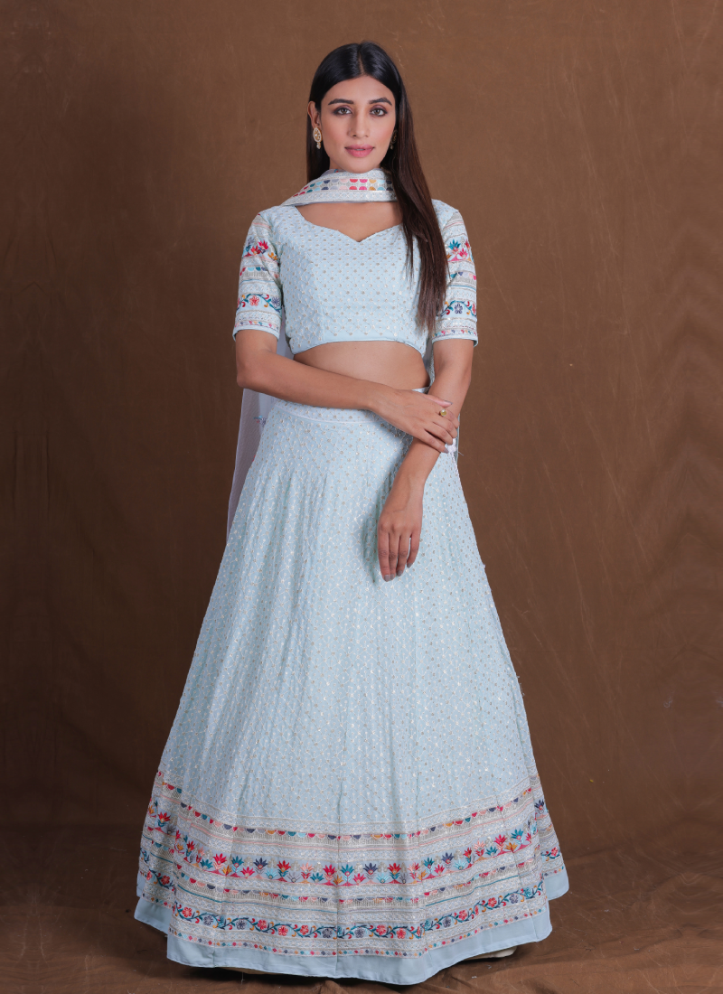 Women's  Sky Blue Silk Zari  Embroidery Work Lehenga Choli