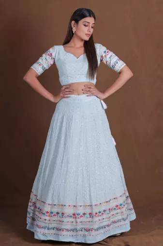 Women's  Sky Blue Silk Zari  Embroidery Work Lehenga Choli