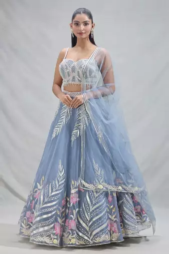 Women's  Sky Blue Net Zari  Embroidery Work Lehenga Choli