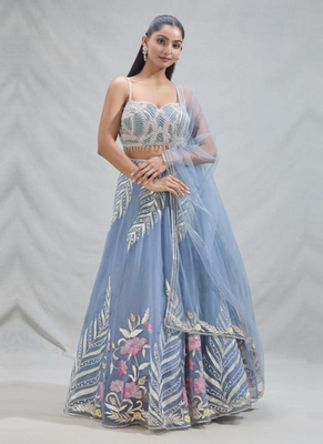 Women's  Sky Blue Net Zari  Embroidery Work Lehenga Choli 2