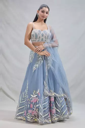 Women's  Sky Blue Net Zari  Embroidery Work Lehenga Choli