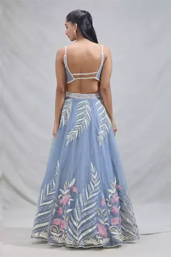 Women's  Sky Blue Net Zari  Embroidery Work Lehenga Choli