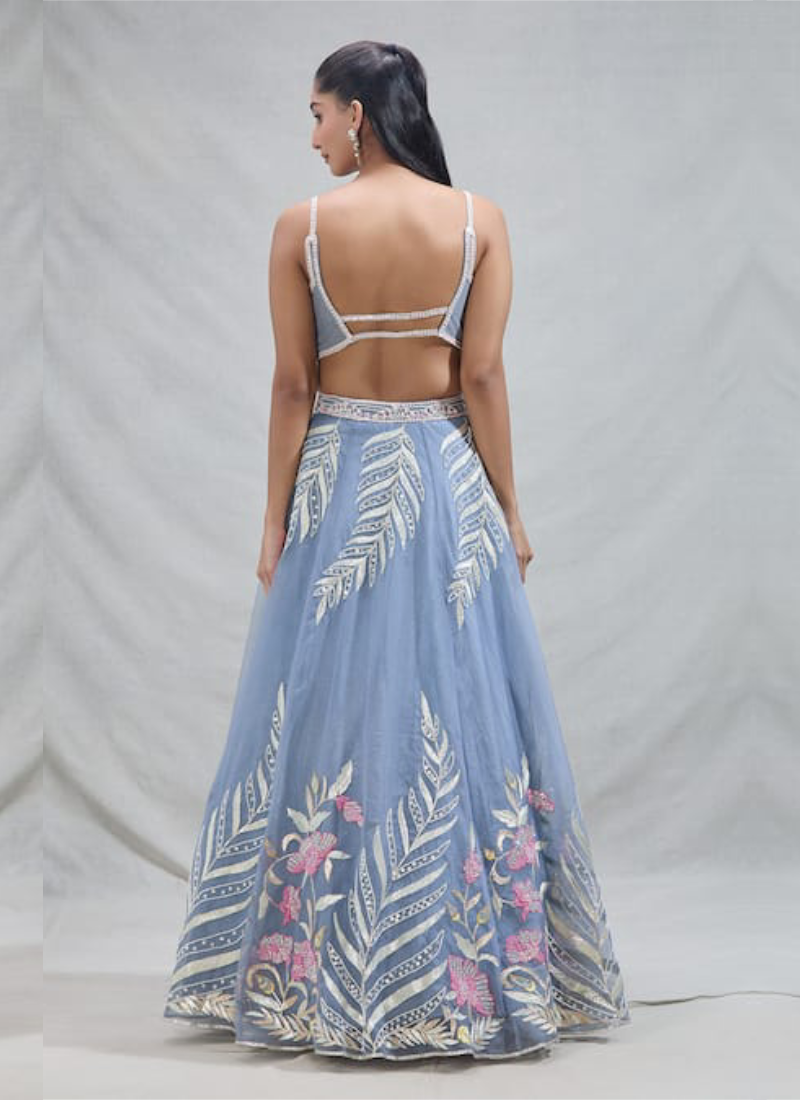 Women's  Sky Blue Net Zari  Embroidery Work Lehenga Choli