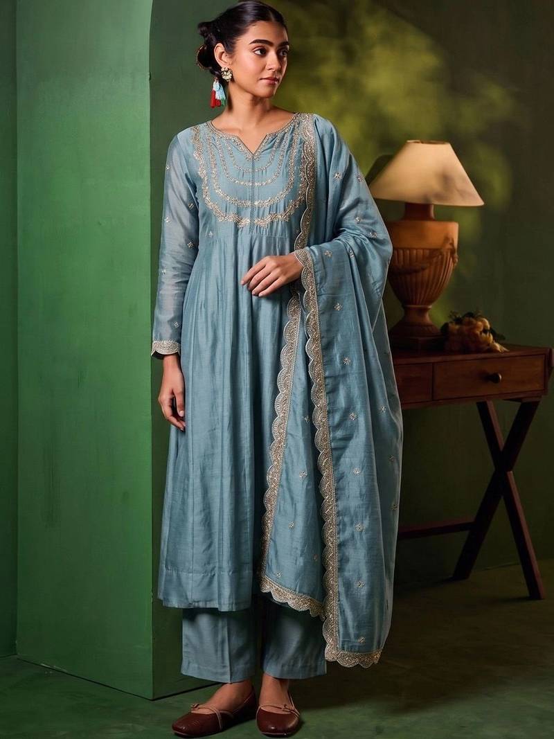 Women Ethnic Motifs Embroidered Empire Thread Work Kurta with Trousers & With Dupatta