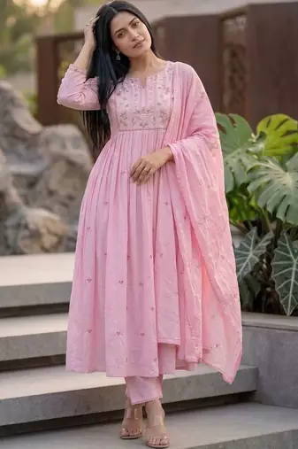 Women Floral Embroidered Empire Thread Work Kurta with Palazzos & With Dupatta