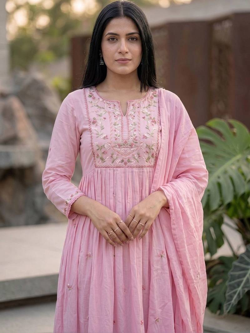 Women Floral Embroidered Empire Thread Work Kurta with Palazzos & With Dupatta