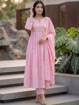 Women Floral Embroidered Empire Thread Work Kurta with Palazzos & With Dupatta 4