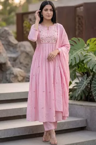 Women Floral Embroidered Empire Thread Work Kurta with Palazzos & With Dupatta