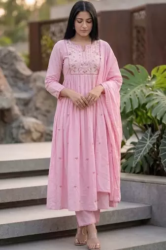 Women Floral Embroidered Empire Thread Work Kurta with Palazzos & With Dupatta