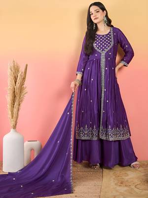 Floral Embroidered Thread Work Kurta With Palazzos & Dupatta 1