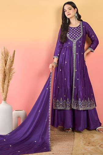 Floral Embroidered Thread Work Kurta With Palazzos & Dupatta