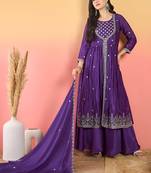 Floral Embroidered Thread Work Kurta With Palazzos & Dupatta