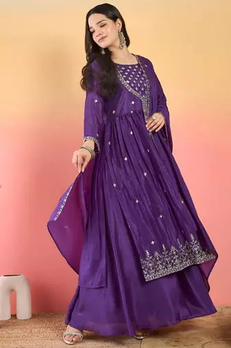 Floral Embroidered Thread Work Kurta With Palazzos & Dupatta