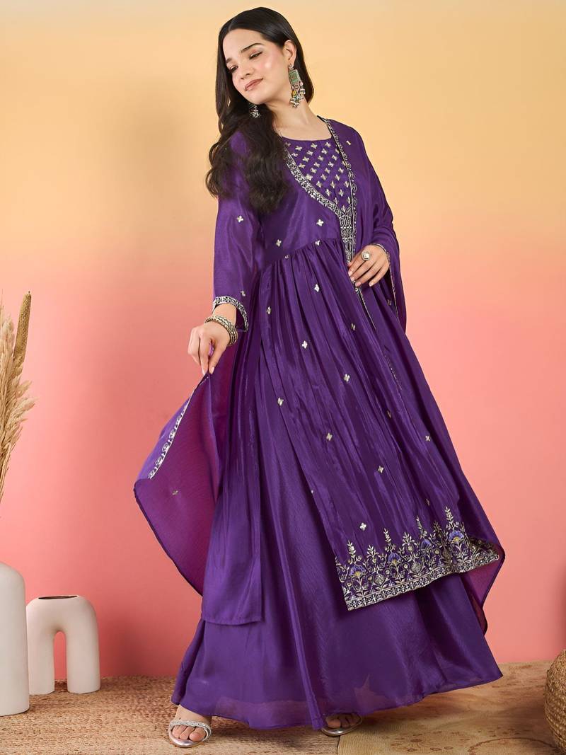 Floral Embroidered Thread Work Kurta With Palazzos & Dupatta