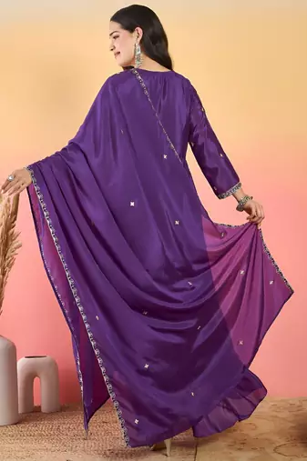 Floral Embroidered Thread Work Kurta With Palazzos & Dupatta