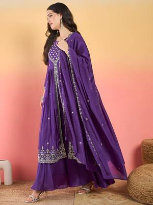 Floral Embroidered Thread Work Kurta With Palazzos & Dupatta 4