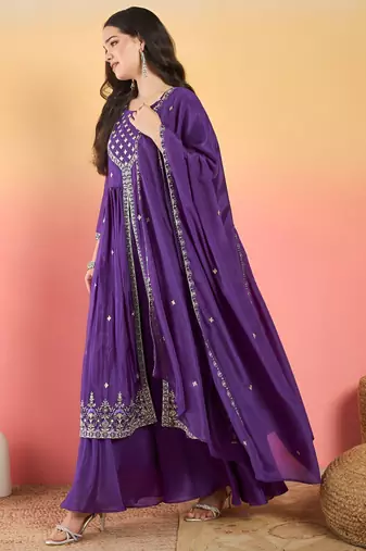 Floral Embroidered Thread Work Kurta With Palazzos & Dupatta
