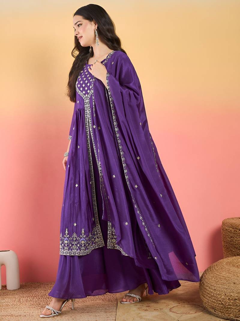 Floral Embroidered Thread Work Kurta With Palazzos & Dupatta