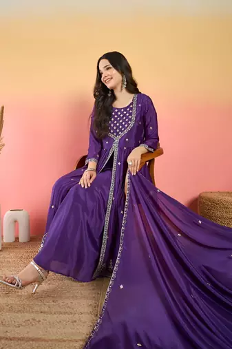 Floral Embroidered Thread Work Kurta With Palazzos & Dupatta