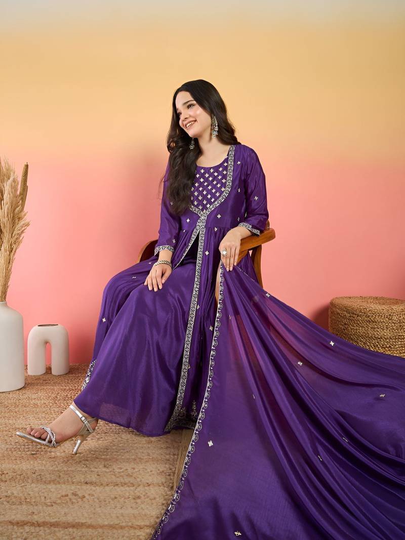 Floral Embroidered Thread Work Kurta With Palazzos & Dupatta