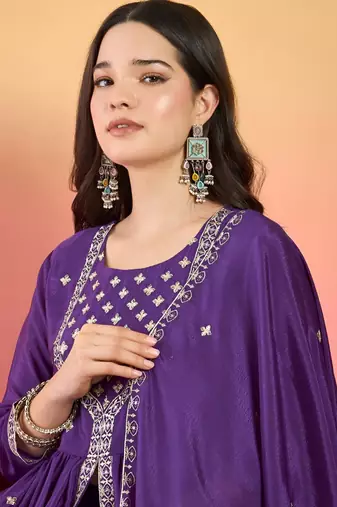 Floral Embroidered Thread Work Kurta With Palazzos & Dupatta