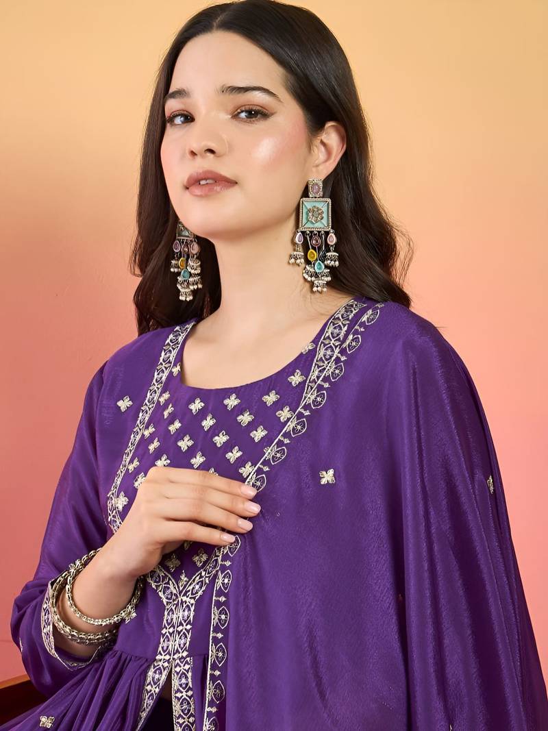Floral Embroidered Thread Work Kurta With Palazzos & Dupatta