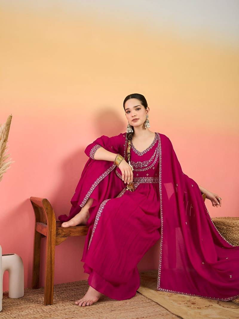 Women Ethnic Motifs Embroidered Empire Thread Work Kurta with Palazzos & Dupatta