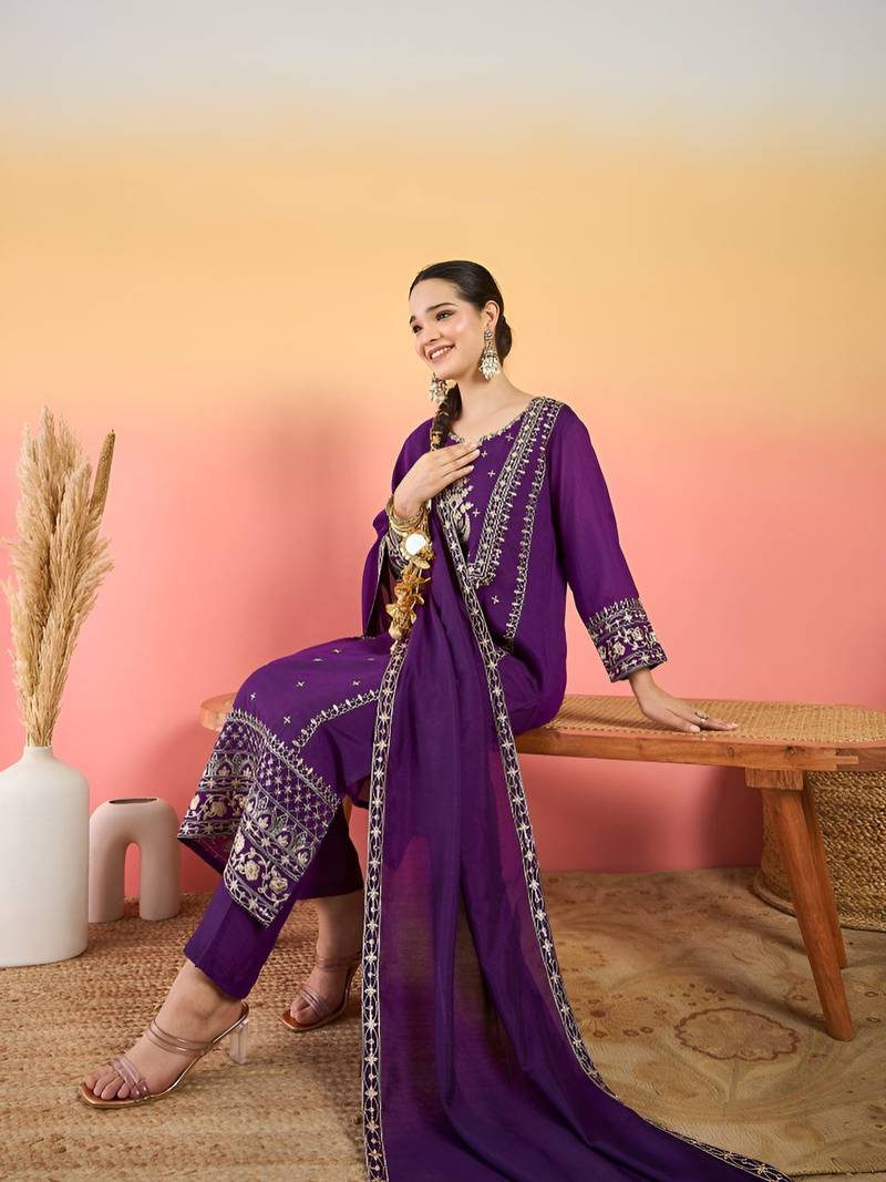 Women Ethnic Motifs Embroidered Regular Thread Work Kurta with Trousers & Dupatta