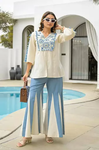 White and Sky Blue Embroidered Co-Ord Set