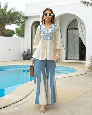 White and Sky Blue Embroidered Co-Ord Set 2