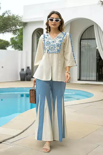 White and Sky Blue Embroidered Co-Ord Set