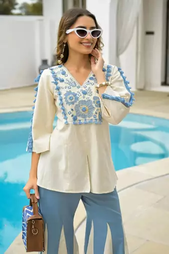White and Sky Blue Embroidered Co-Ord Set