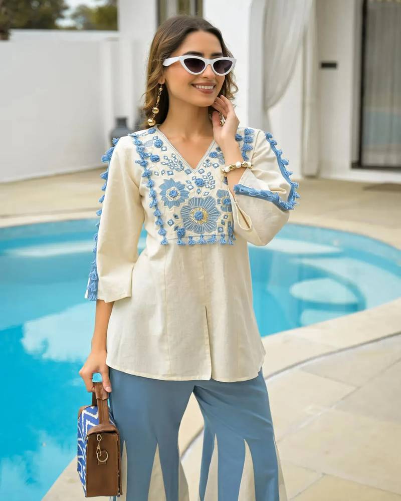 White and Sky Blue Embroidered Co-Ord Set
