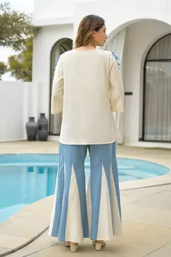 White and Sky Blue Embroidered Co-Ord Set