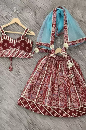 Maroon block print lehenga